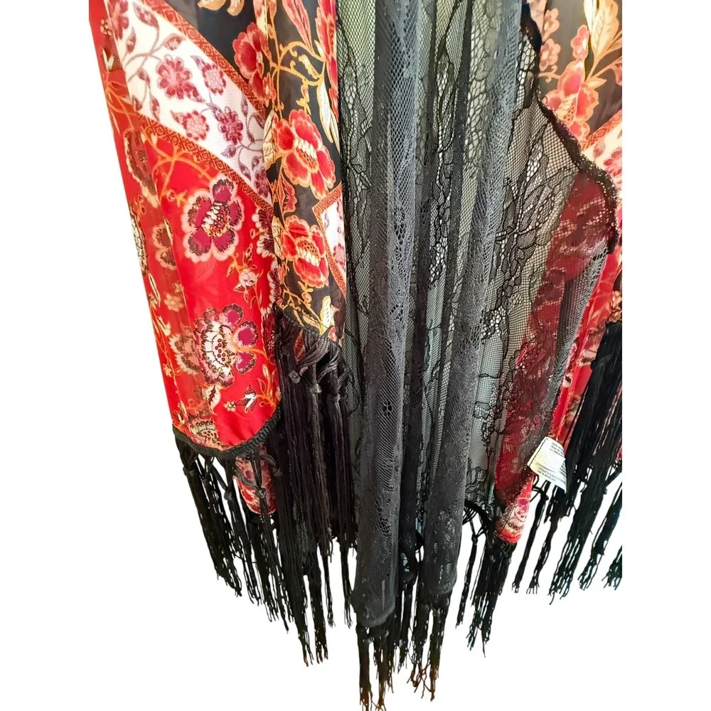 Xhilaration Red Paisley Fringe Kimono XXL Witchy Whimsigoth Festival Boho - Picture 8 of 8